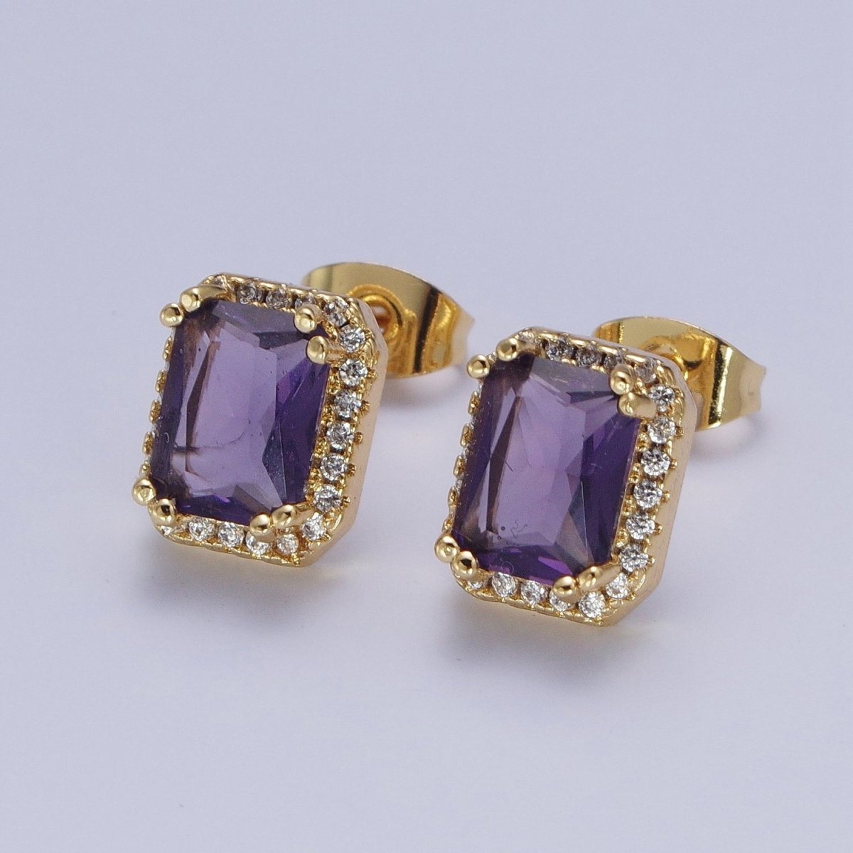 Micro Paved Clear Pink Purple Green Baguette Cubic Zirconia Gold Stud Earrings | X-896-X-899 - DLUXCA