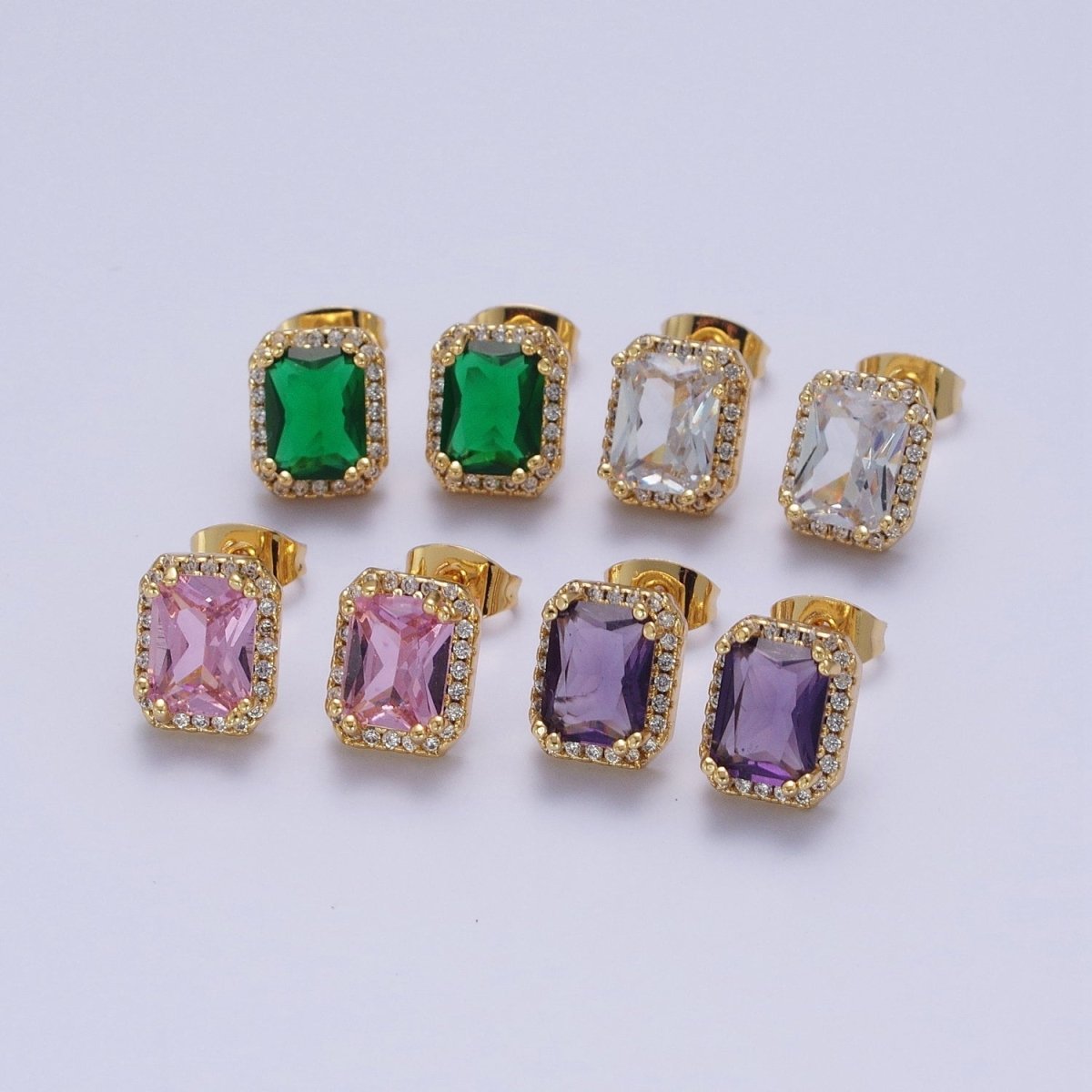 Micro Paved Clear Pink Purple Green Baguette Cubic Zirconia Gold Stud Earrings | X-896-X-899 - DLUXCA