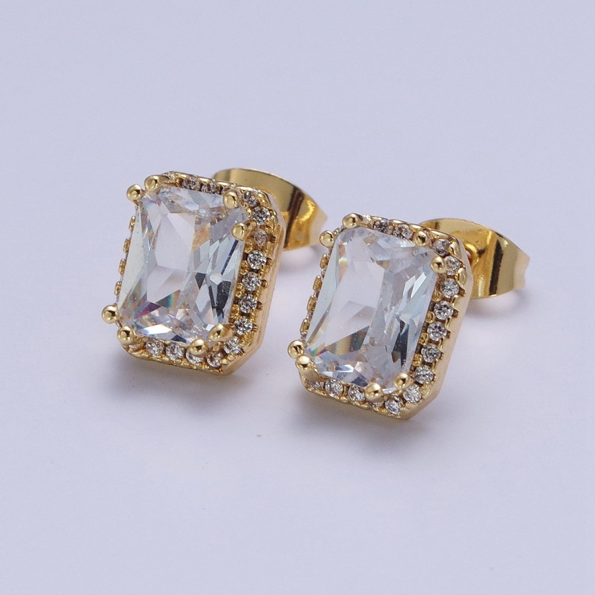 Micro Paved Clear Pink Purple Green Baguette Cubic Zirconia Gold Stud Earrings | X-896-X-899 - DLUXCA