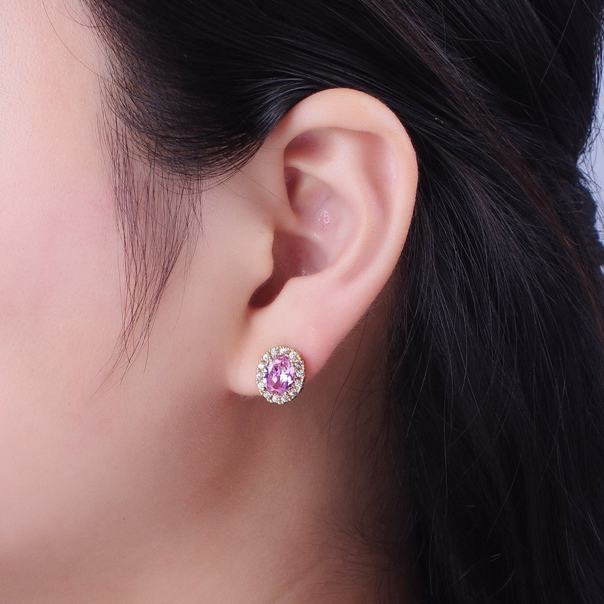 Micro Paved Clear Pink Purple Green Oval Gold Stud Earrings | X-900-X-903 - DLUXCA