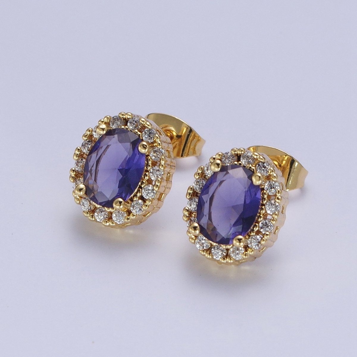 Micro Paved Clear Pink Purple Green Oval Gold Stud Earrings | X-900-X-903 - DLUXCA