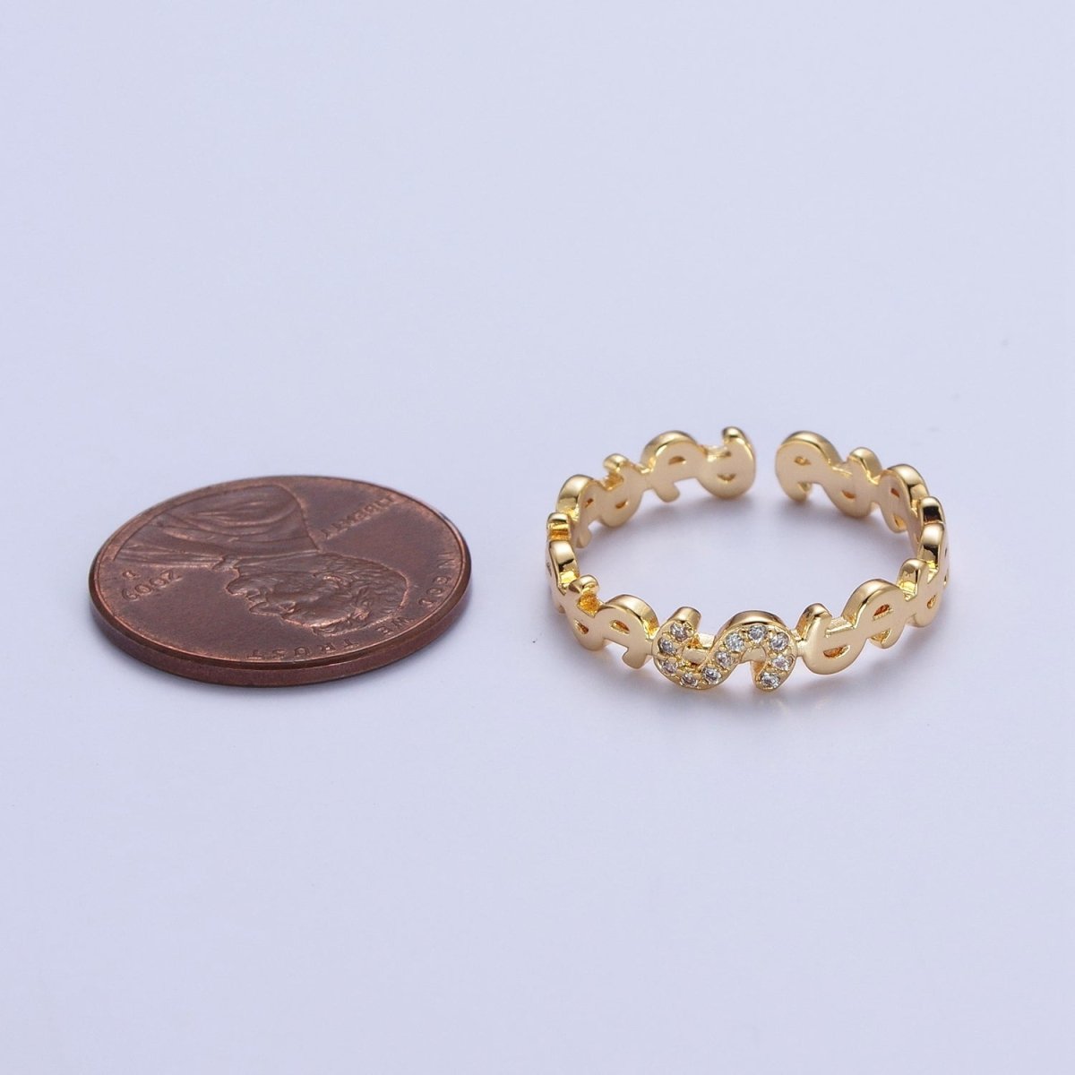 Micro Paved Cubic Zirconia Dollar Bill $ Link Adjustable Gold Ring | X-559 - DLUXCA