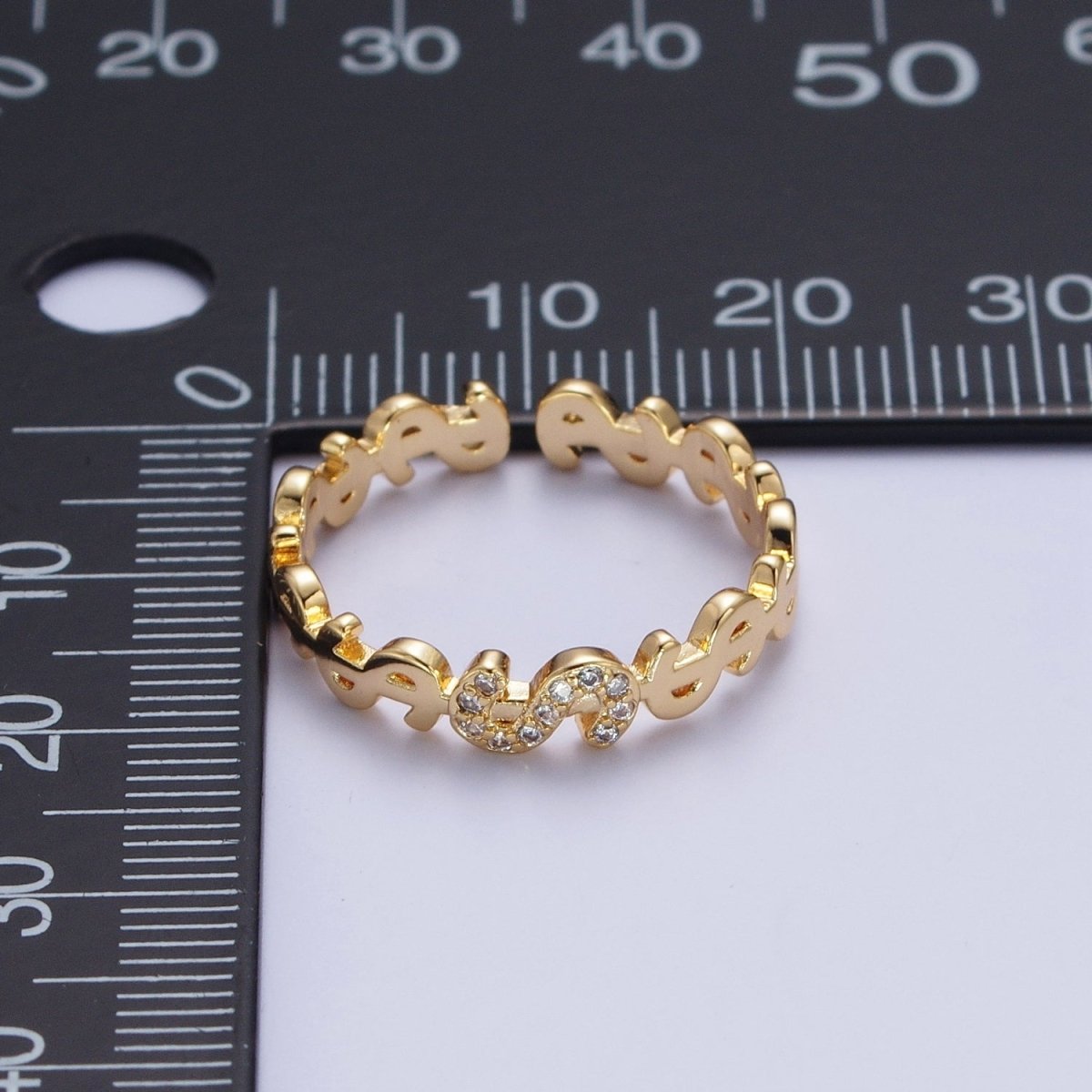 Micro Paved Cubic Zirconia Dollar Bill $ Link Adjustable Gold Ring | X-559 - DLUXCA