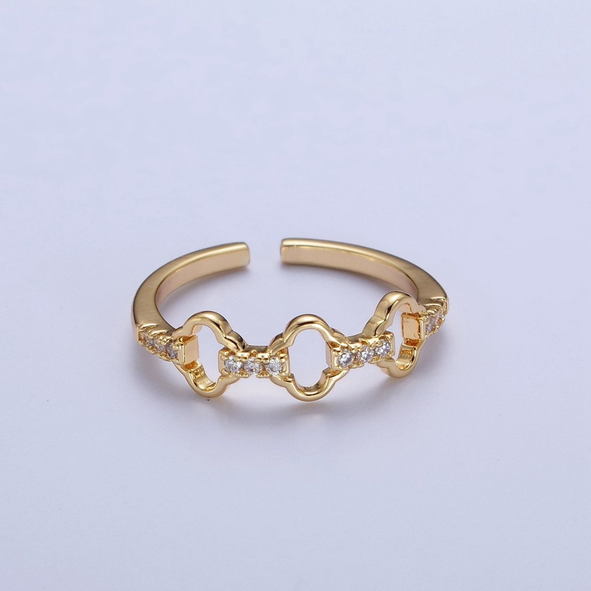 Micro Paved Cubic Zirconia Quatrefoil Clover Chain Link Adjustable Gold Ring | X-589 - DLUXCA