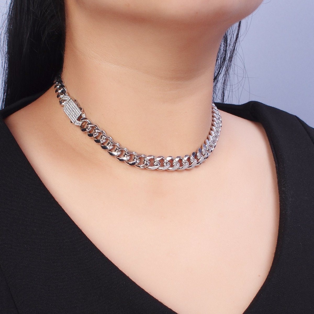 Micro Paved Cubic Zirconia Snap Lock Gold, Silver Cuban Curb Choker Necklace | WA-1106 WA-1418 Clearance Pricing - DLUXCA