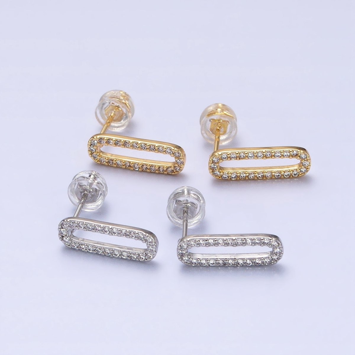 Micro Paved CZ 14.5mm Oblong Paperclip Link Stud Earrings in Gold & Silver | AB394 AB397 - DLUXCA
