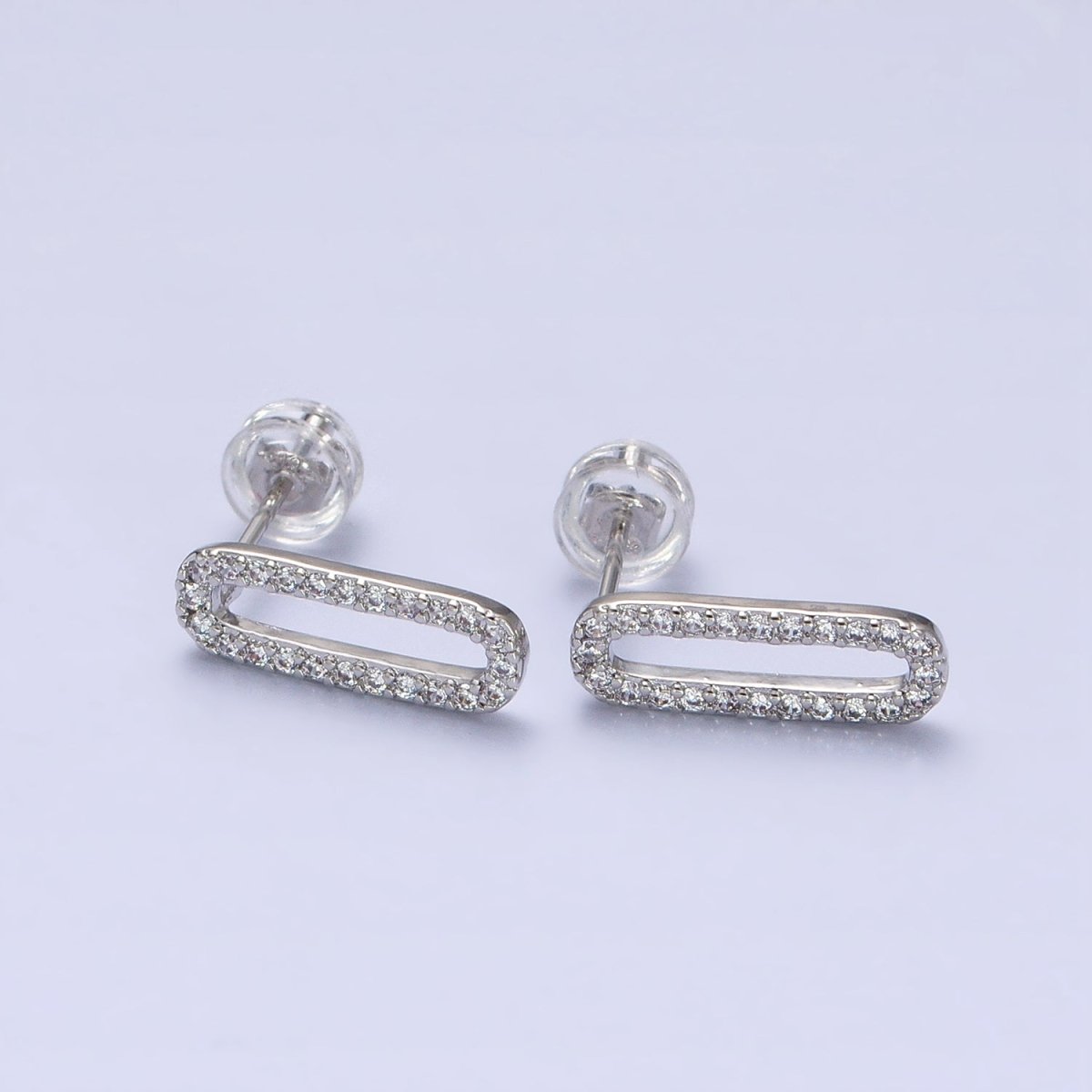 Micro Paved CZ 14.5mm Oblong Paperclip Link Stud Earrings in Gold & Silver | AB394 AB397 - DLUXCA