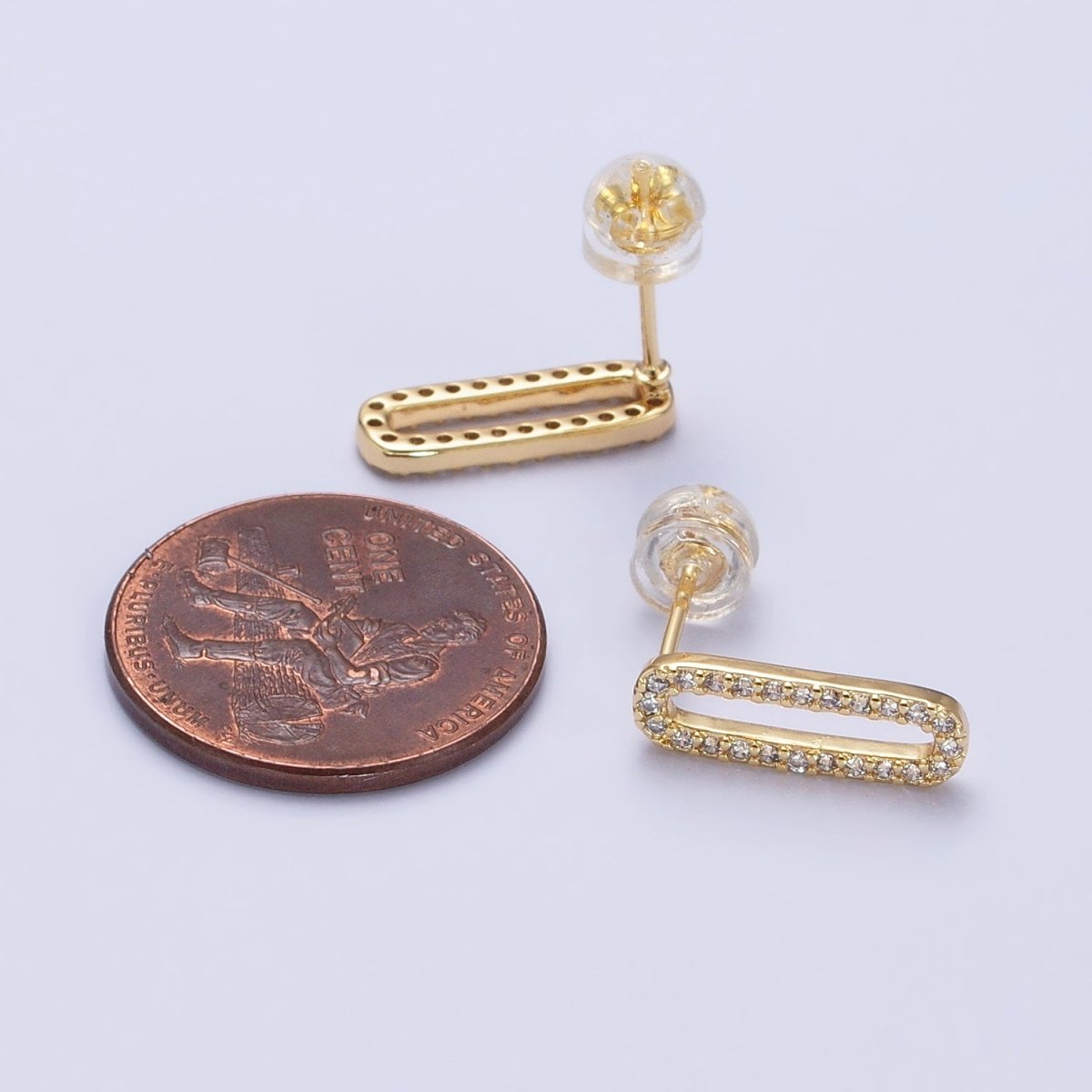 Micro Paved CZ 14.5mm Oblong Paperclip Link Stud Earrings in Gold & Silver | AB394 AB397 - DLUXCA