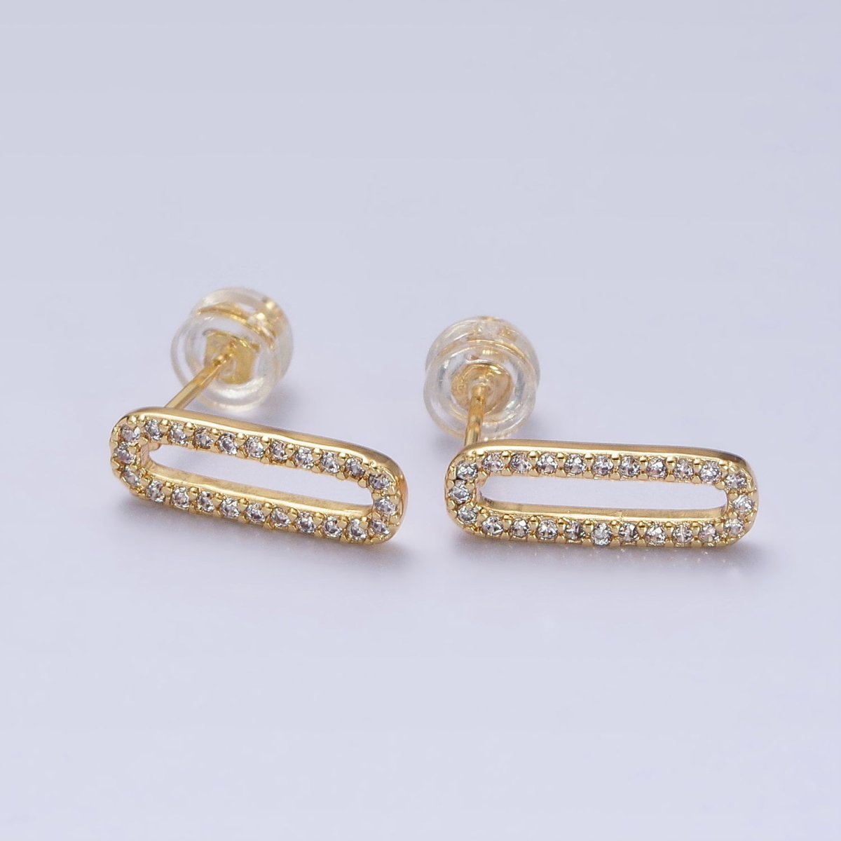 Micro Paved CZ 14.5mm Oblong Paperclip Link Stud Earrings in Gold & Silver | AB394 AB397 - DLUXCA