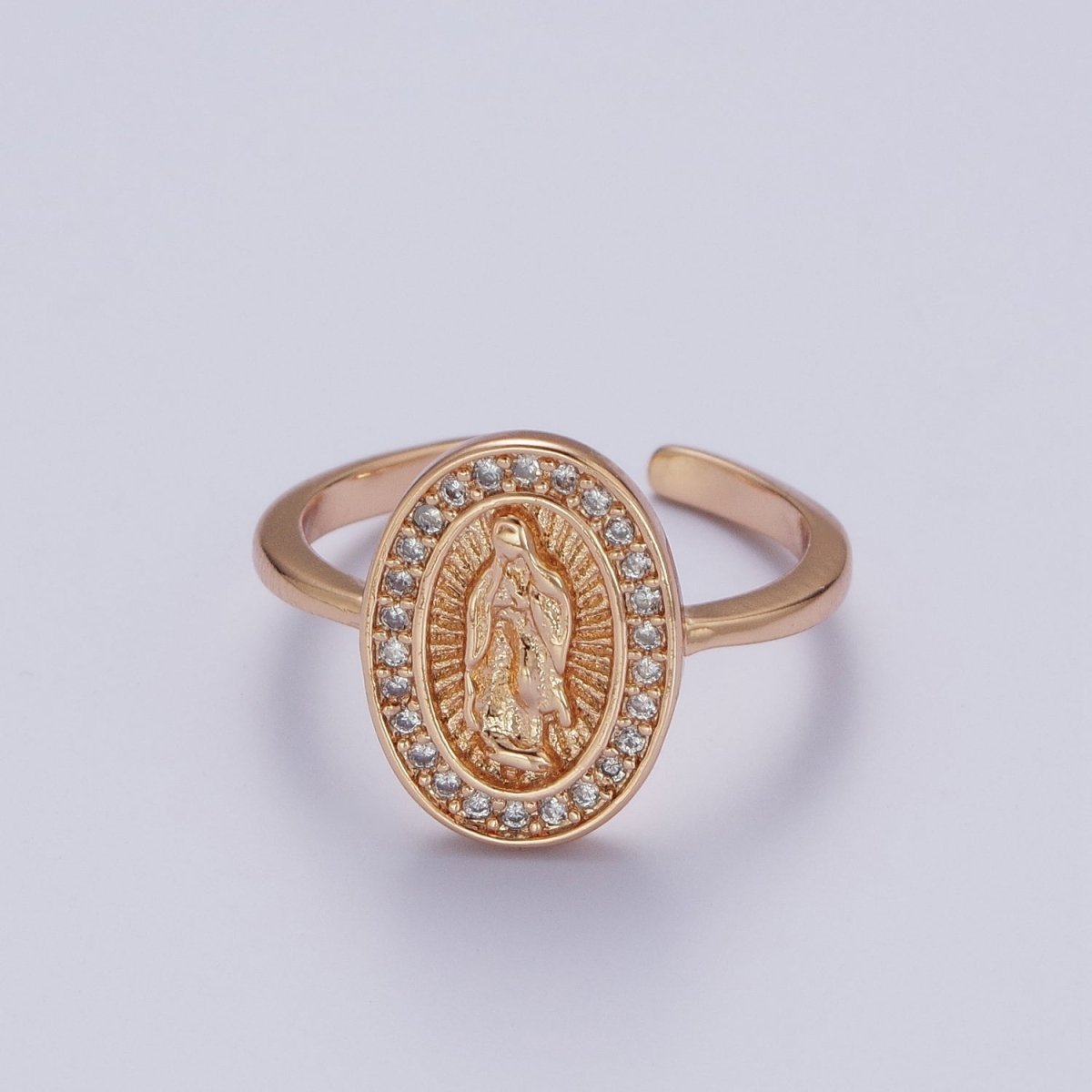 Micro Paved CZ 18K Gold Religious Oval Lady Guadalupe Adjustable Ring | O-1994 - DLUXCA