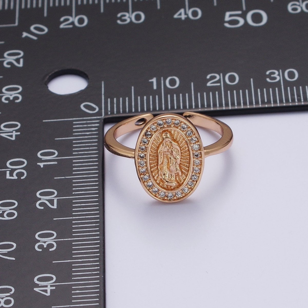 Micro Paved CZ 18K Gold Religious Oval Lady Guadalupe Adjustable Ring | O-1994 - DLUXCA