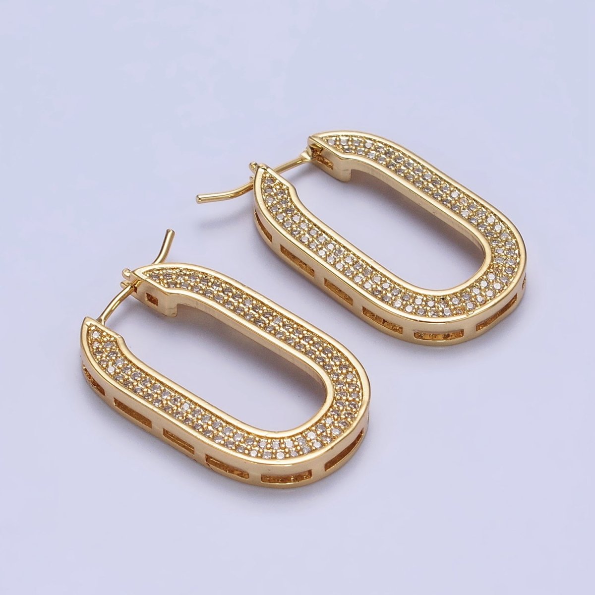 Micro Paved CZ 30mm Oblong U-Shaped Latch Earrings in Gold & Silver | AB174 AB175 - DLUXCA
