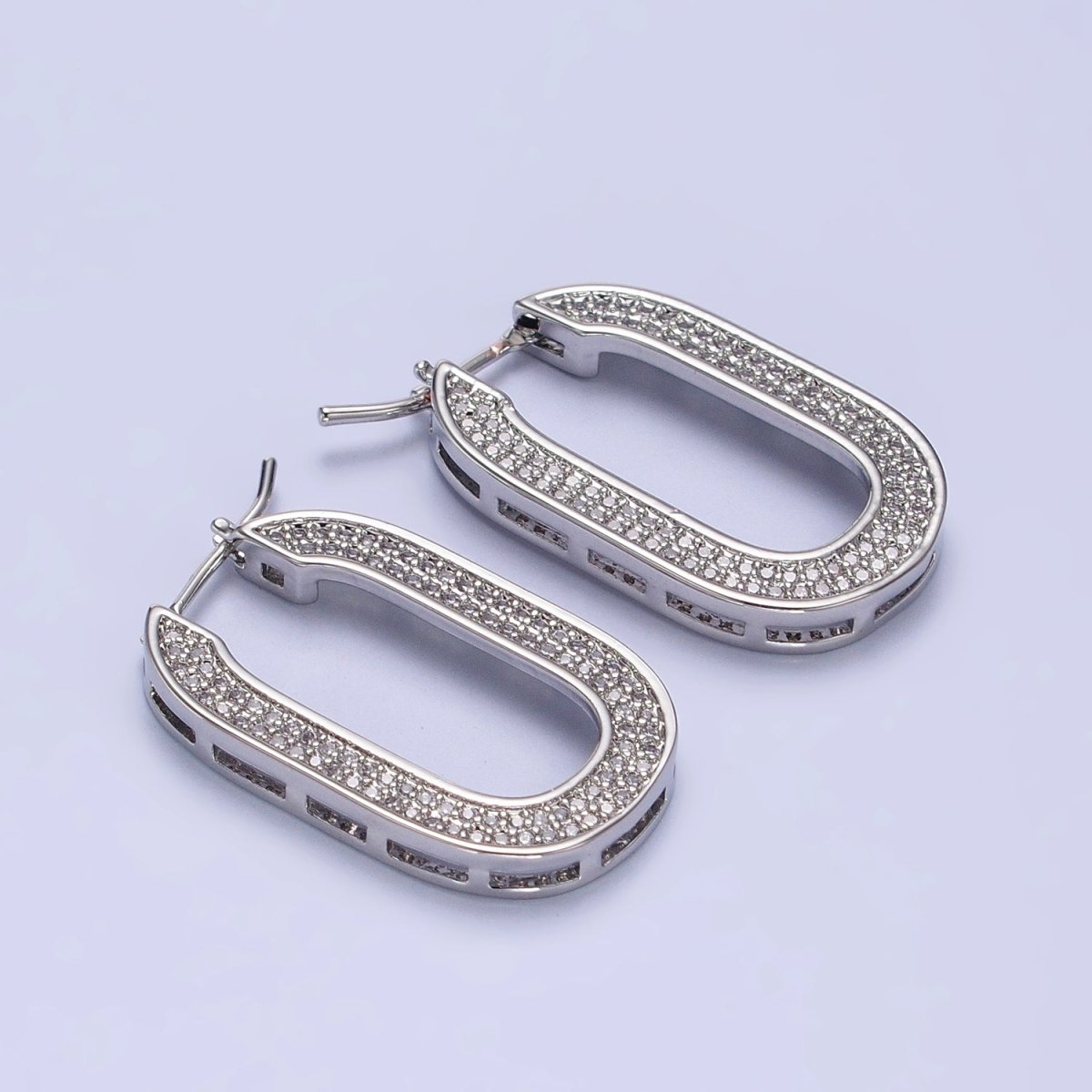 Micro Paved CZ 30mm Oblong U-Shaped Latch Earrings in Gold & Silver | AB174 AB175 - DLUXCA