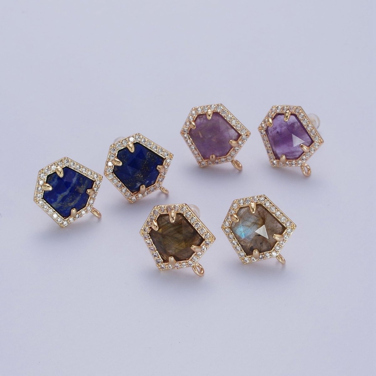 Micro Paved CZ Blue Lapiz, Purple Amethyst, Abalone Open Loop Stud Hexagon Geometric Earrings K-143 K-153 K-154 - DLUXCA