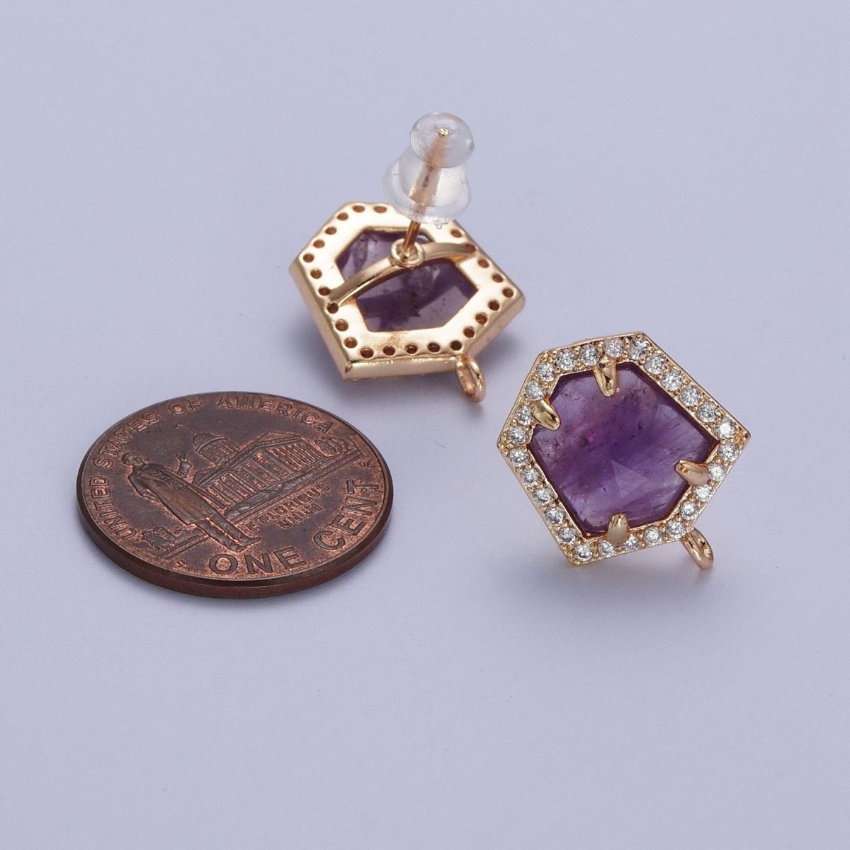 Micro Paved CZ Blue Lapiz, Purple Amethyst, Abalone Open Loop Stud Hexagon Geometric Earrings K-143 K-153 K-154 - DLUXCA