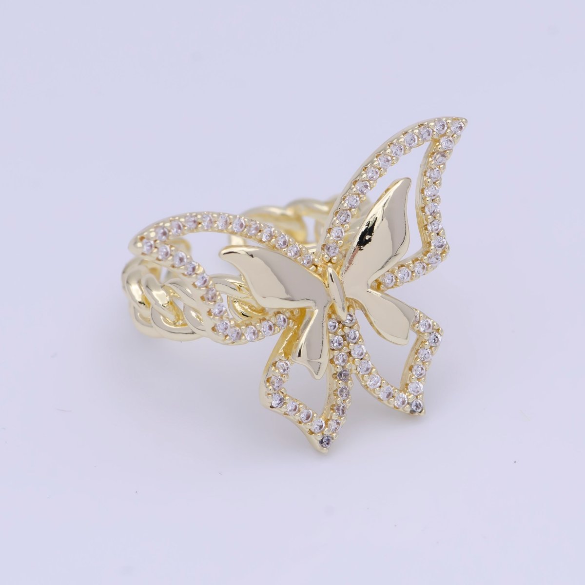 Micro Paved CZ Double Butterfly Mariposa Wings Statement Gold Curb Chain Ring | O-492 - DLUXCA