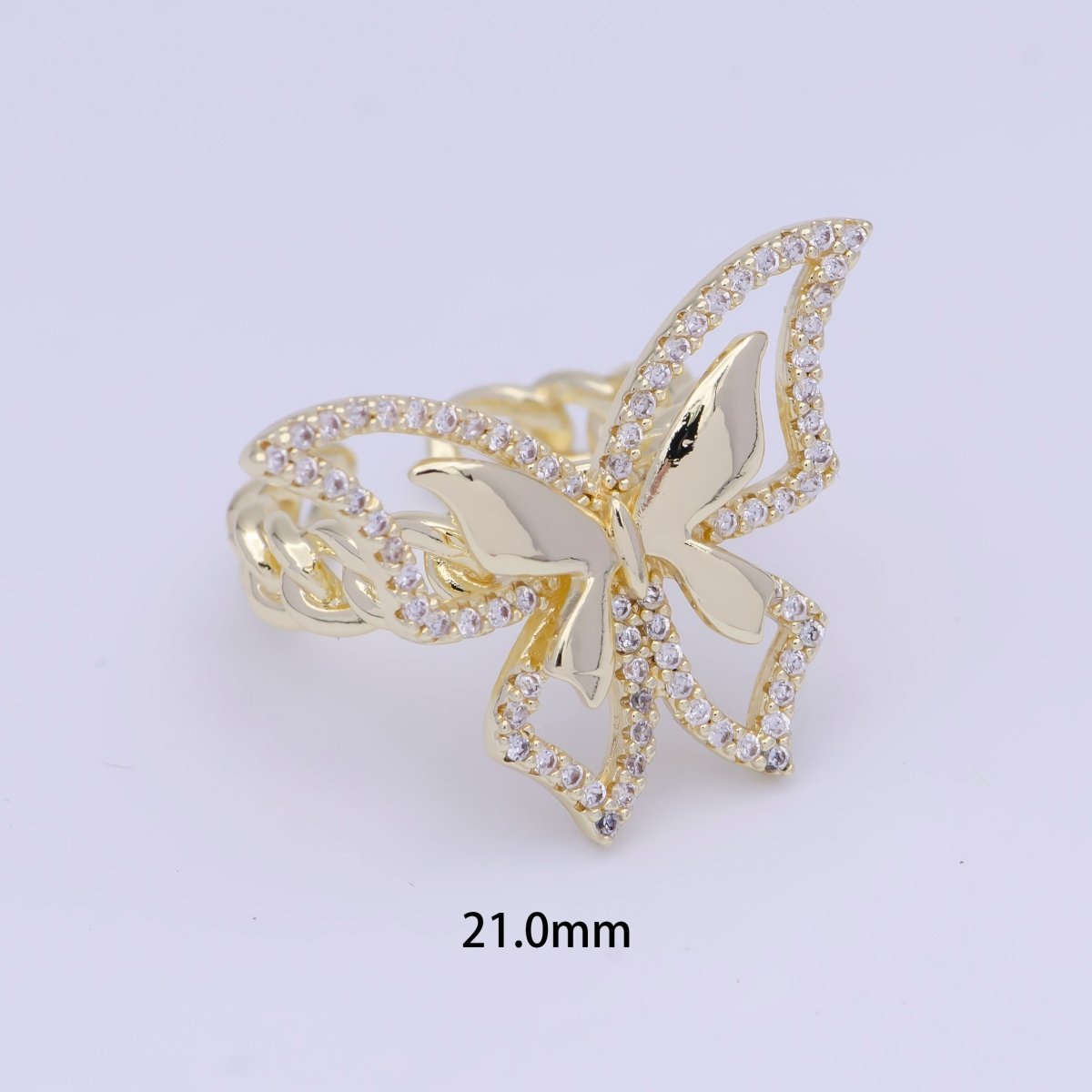 Micro Paved CZ Double Butterfly Mariposa Wings Statement Gold Curb Chain Ring | O-492 - DLUXCA