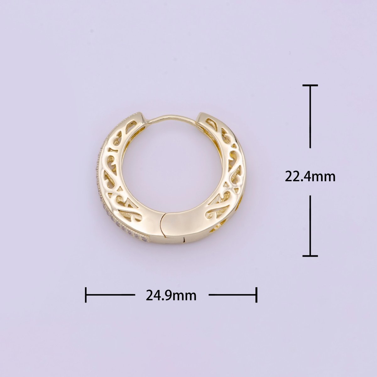 Micro Paved CZ Filigree 25mm Gold Huggie Hoop Earrings | Y-166 - DLUXCA
