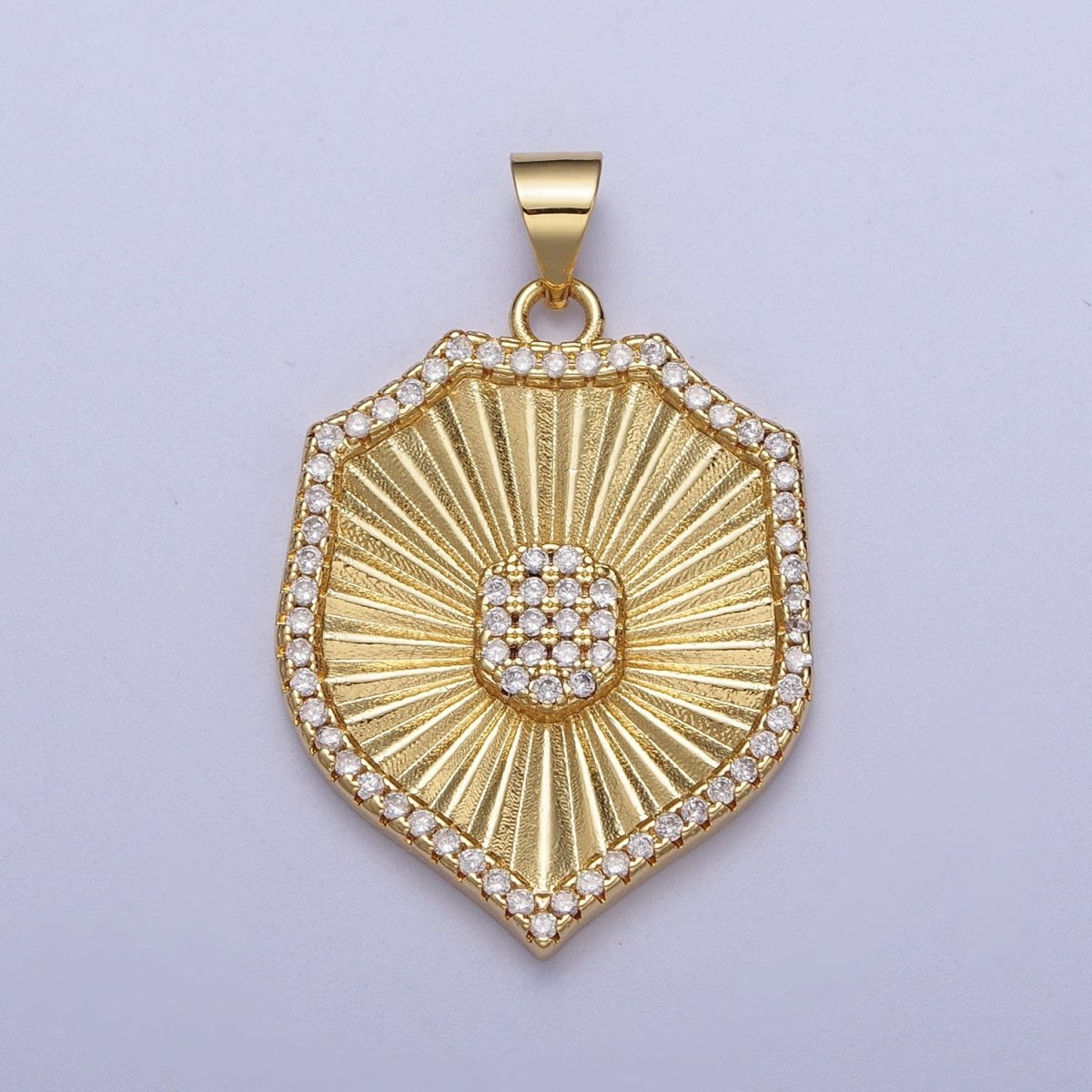 Micro Paved CZ Gold Sunburst Armor Badge Cubic Zirconia Pendant For Jewelry Making | X-536 - DLUXCA