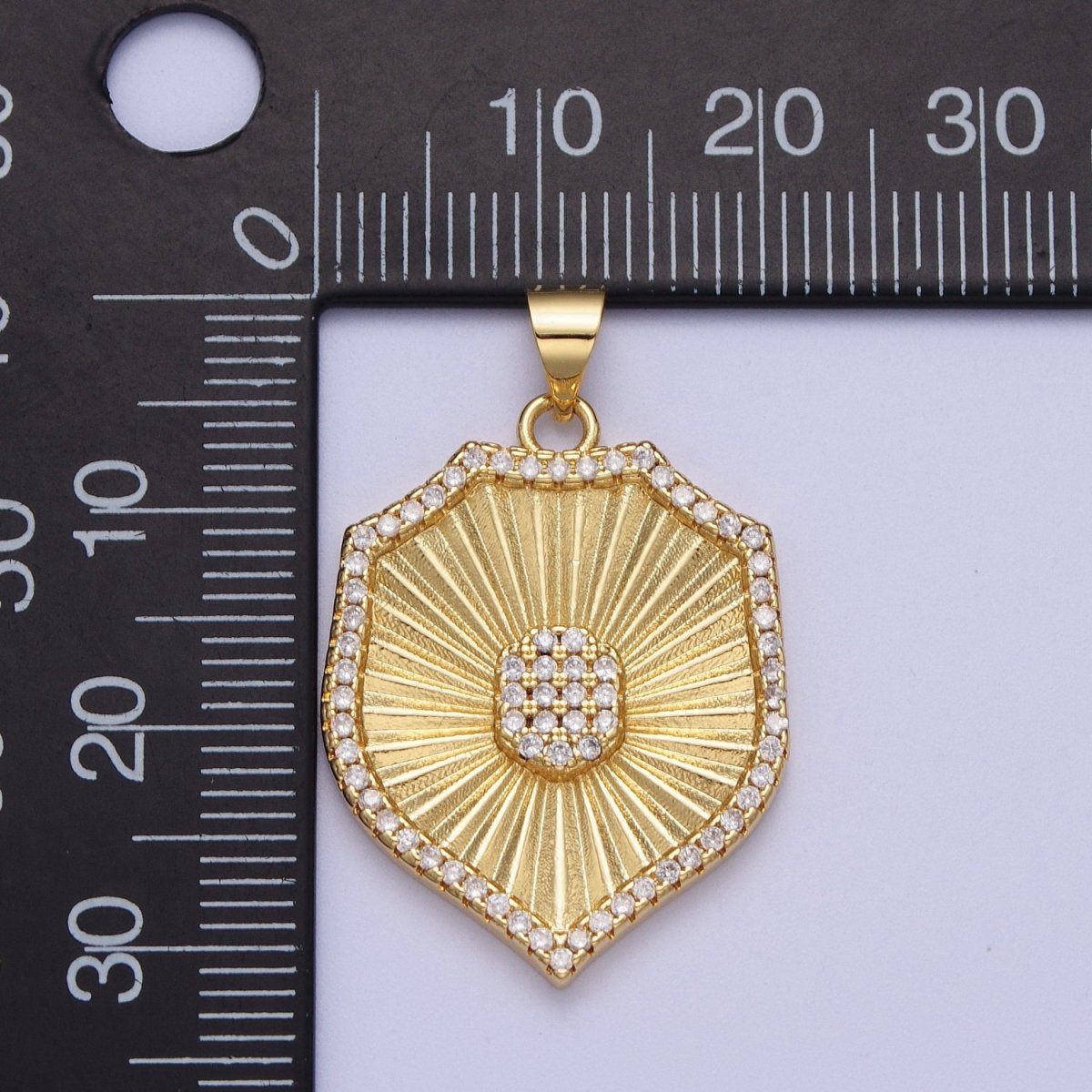 Micro Paved CZ Gold Sunburst Armor Badge Cubic Zirconia Pendant For Jewelry Making | X-536 - DLUXCA