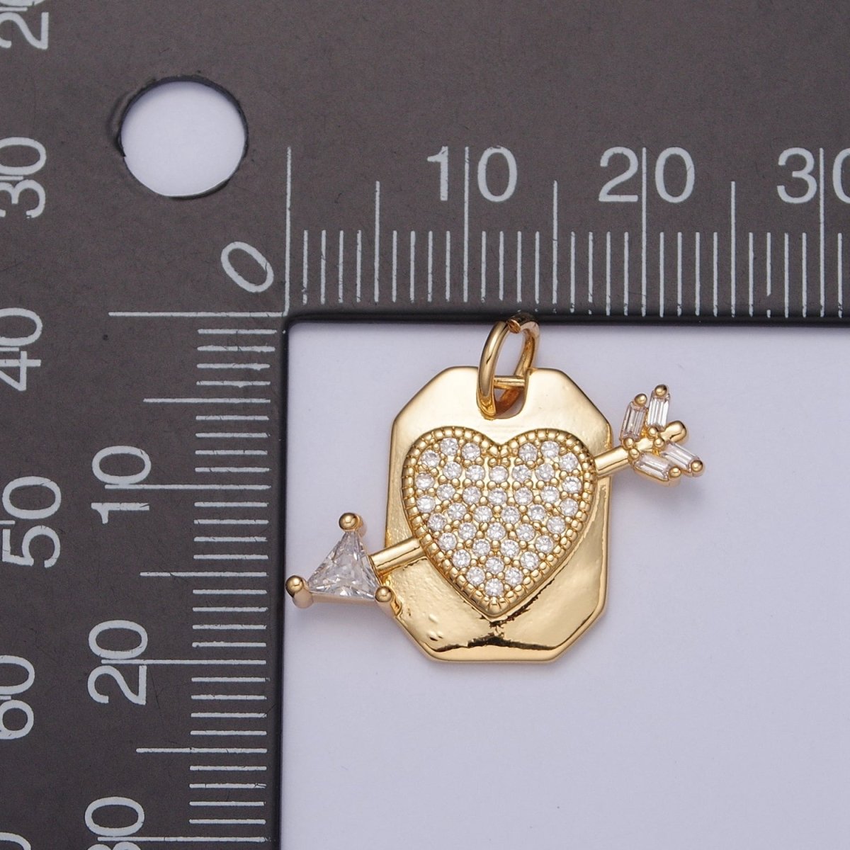 Micro Paved CZ Heart Cupid's Arrow Hexagonal Tag Charm | X-126 - DLUXCA