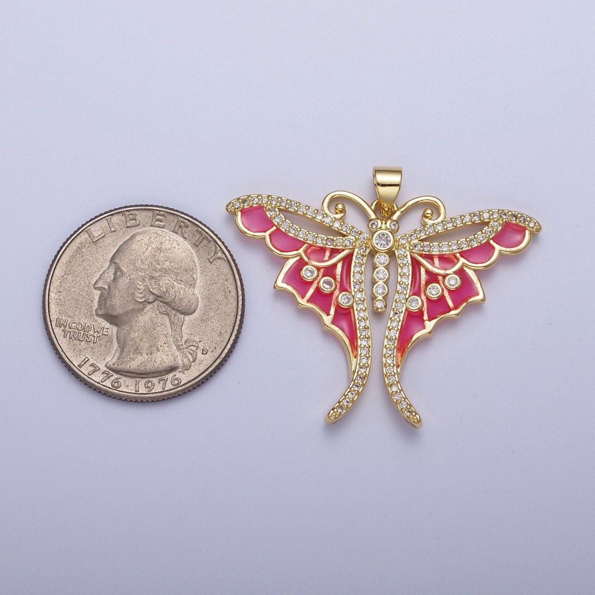 Micro Paved CZ Insect Butterfly Hot Pink Enamel Gold Pendant H-165 - DLUXCA