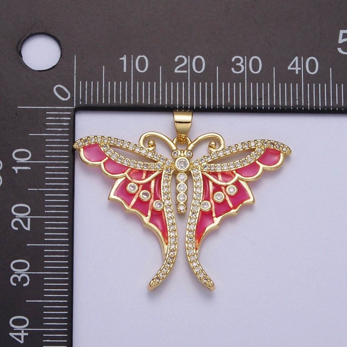 Micro Paved CZ Insect Butterfly Hot Pink Enamel Gold Pendant H-165 - DLUXCA