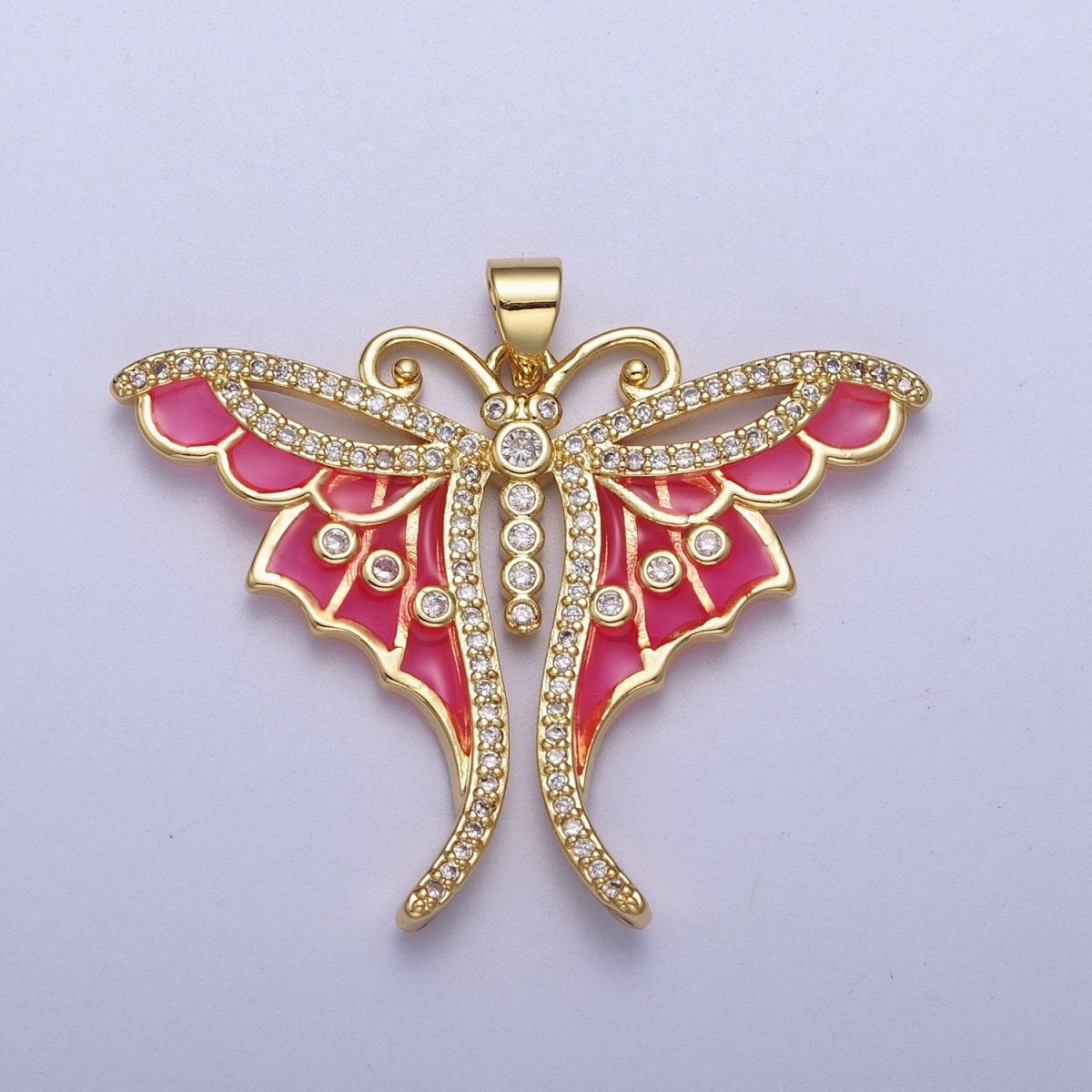 Micro Paved CZ Insect Butterfly Hot Pink Enamel Gold Pendant H-165 - DLUXCA