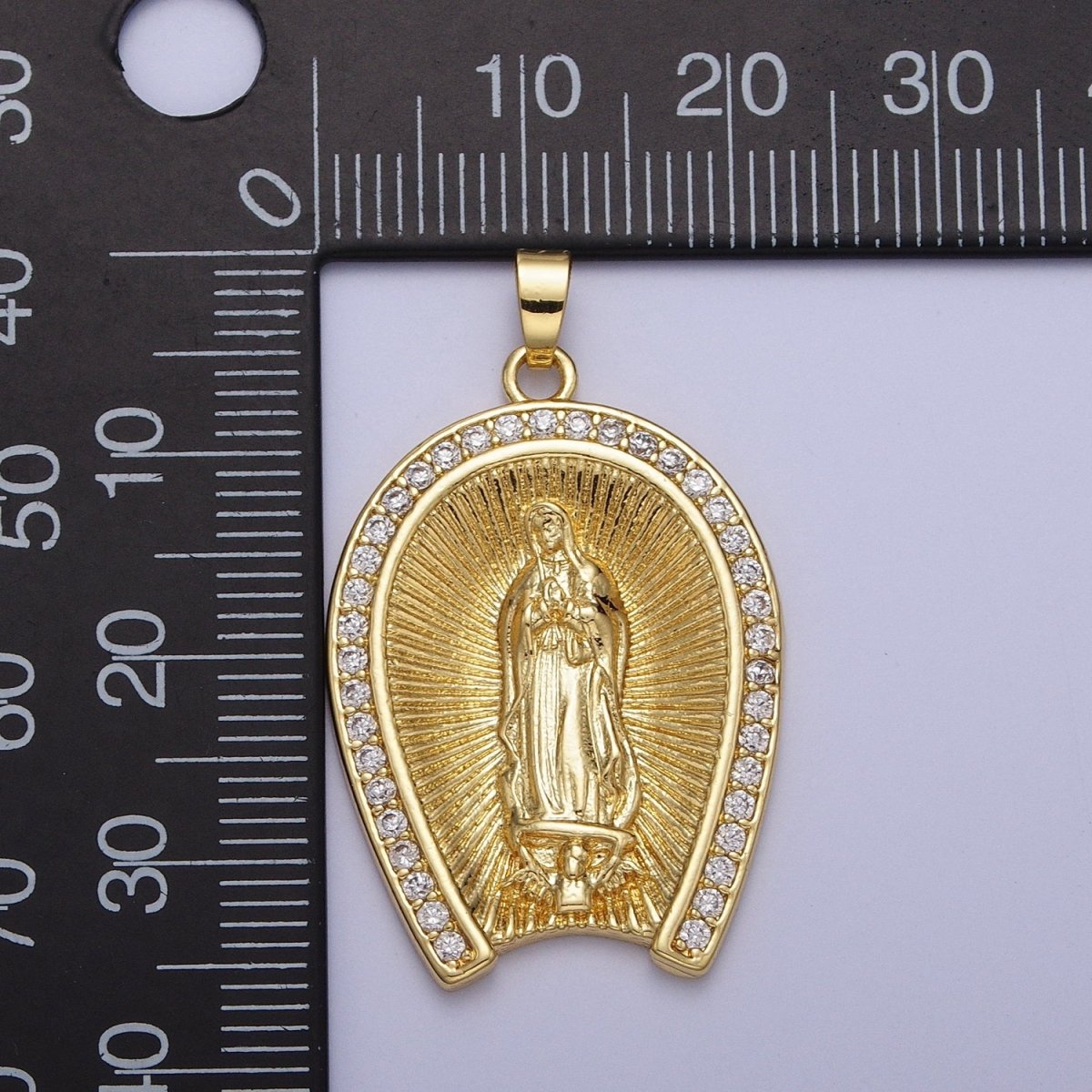 Micro Paved CZ Line Textured Mother Virgin Mary Gold Religious Pendant H-887 - DLUXCA