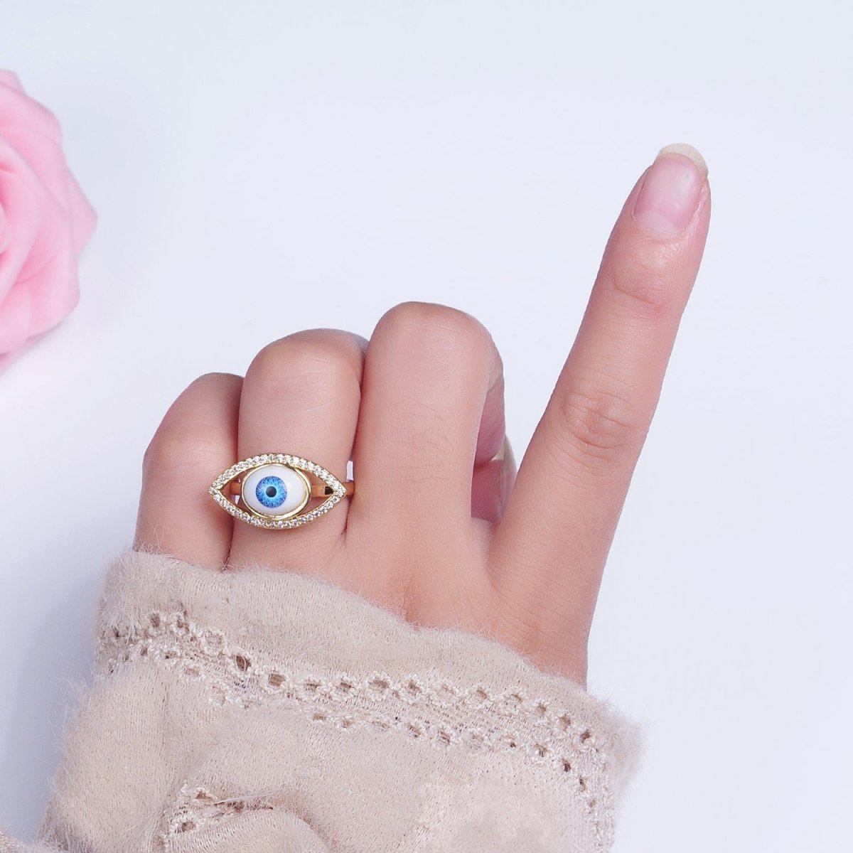Micro Paved CZ Open Blue Evil Eye of Ra Protection Adjustable Gold Statement Ring | O-1999 - DLUXCA