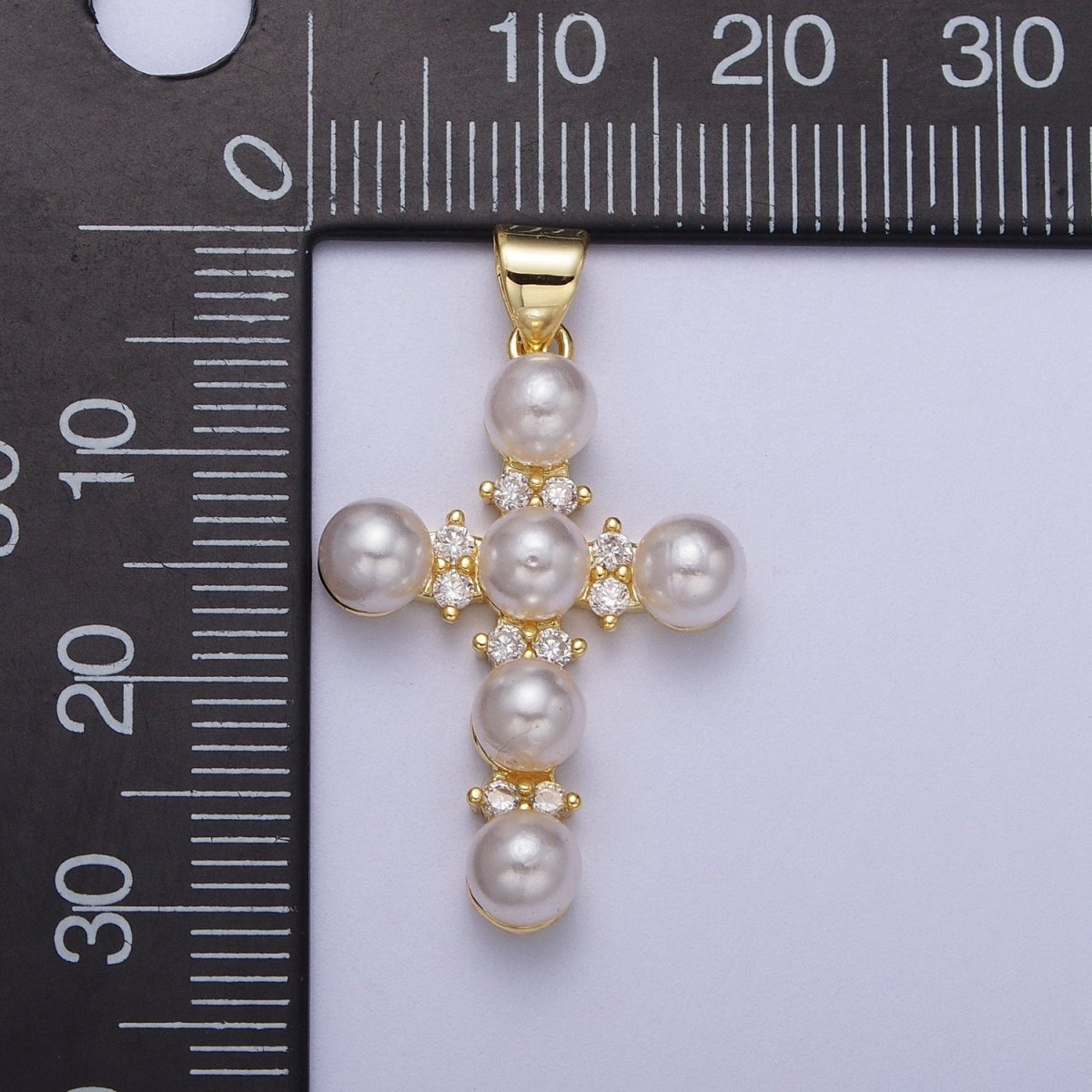 Micro Paved CZ Round White Pearl Religious Cross Gold Pendant I-275 - DLUXCA