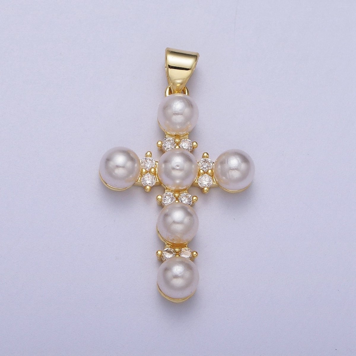 Micro Paved CZ Round White Pearl Religious Cross Gold Pendant I-275 - DLUXCA