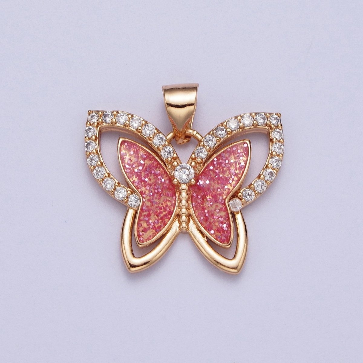 Micro Paved CZ Sparkly Pink Butterfly Mariposa Pendant For Jewelry Making | X-683 - DLUXCA