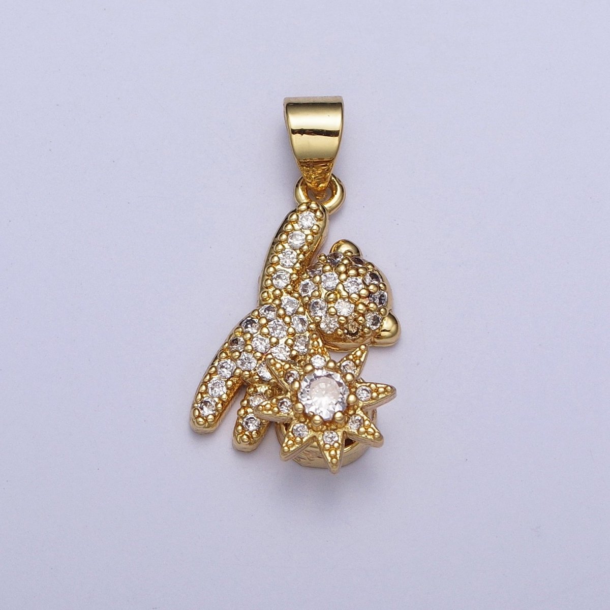 Micro Paved CZ Teddy Bear with Celestial Star Cubic Zirconia Pendant For Jewelry Necklace Making | X-478 - DLUXCA