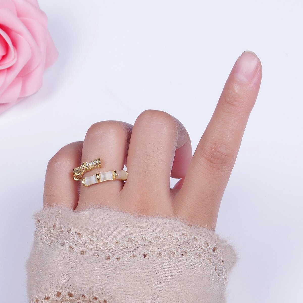 Micro Paved CZ White Cats Eye Bamboo Ring Open Gold Ring | Y-324 - DLUXCA