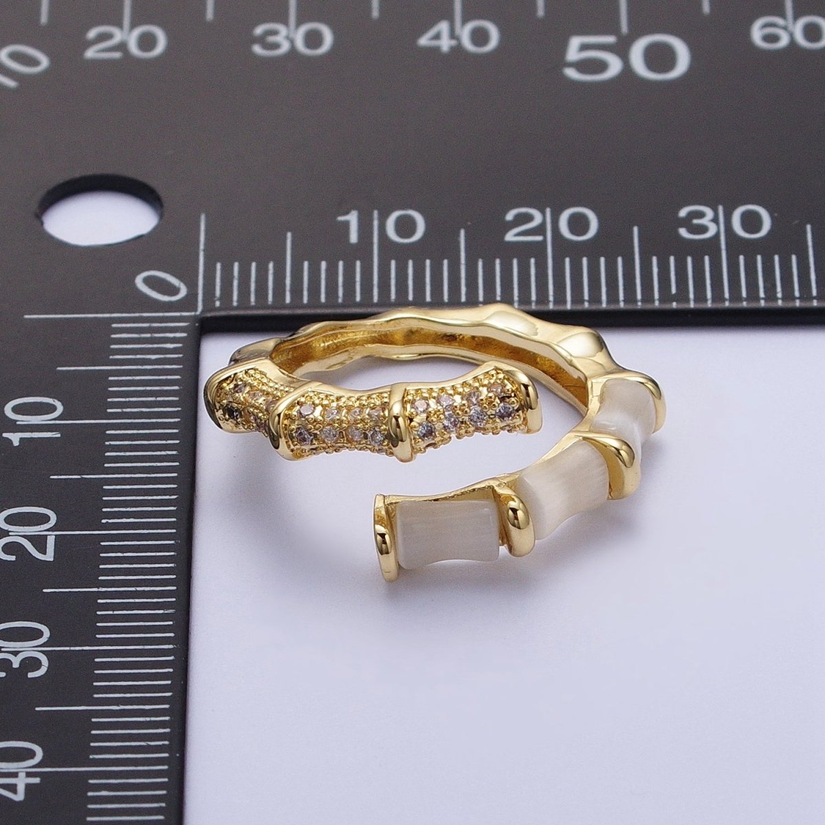 Micro Paved CZ White Cats Eye Bamboo Ring Open Gold Ring | Y-324 - DLUXCA