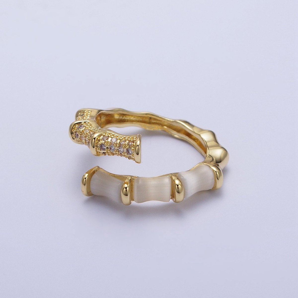 Micro Paved CZ White Cats Eye Bamboo Ring Open Gold Ring | Y-324 - DLUXCA