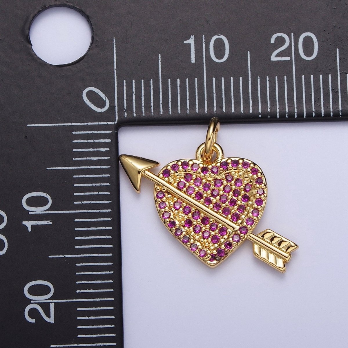 Micro Paved Fuchsia / Clear CZ Arrow Heart Gold Charm Valentine Pendant | C-791 C-799 - DLUXCA