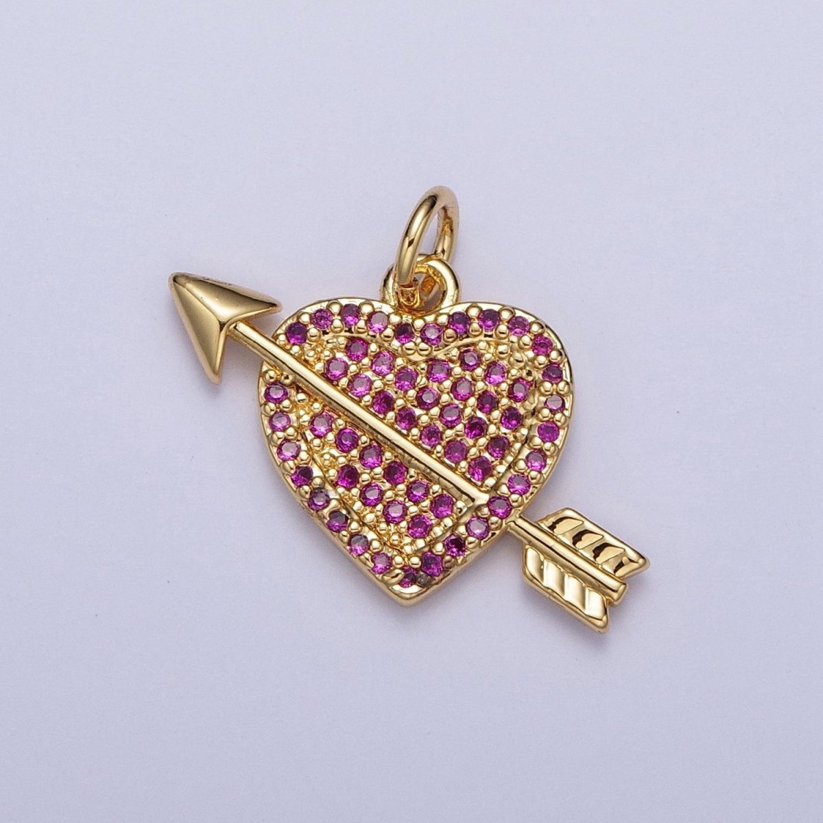 Micro Paved Fuchsia / Clear CZ Arrow Heart Gold Charm Valentine Pendant | C-791 C-799 - DLUXCA