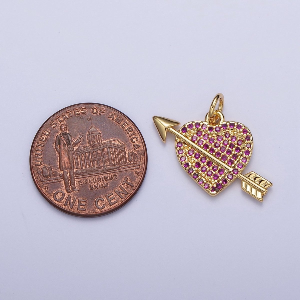 Micro Paved Fuchsia / Clear CZ Arrow Heart Gold Charm Valentine Pendant | C-791 C-799 - DLUXCA