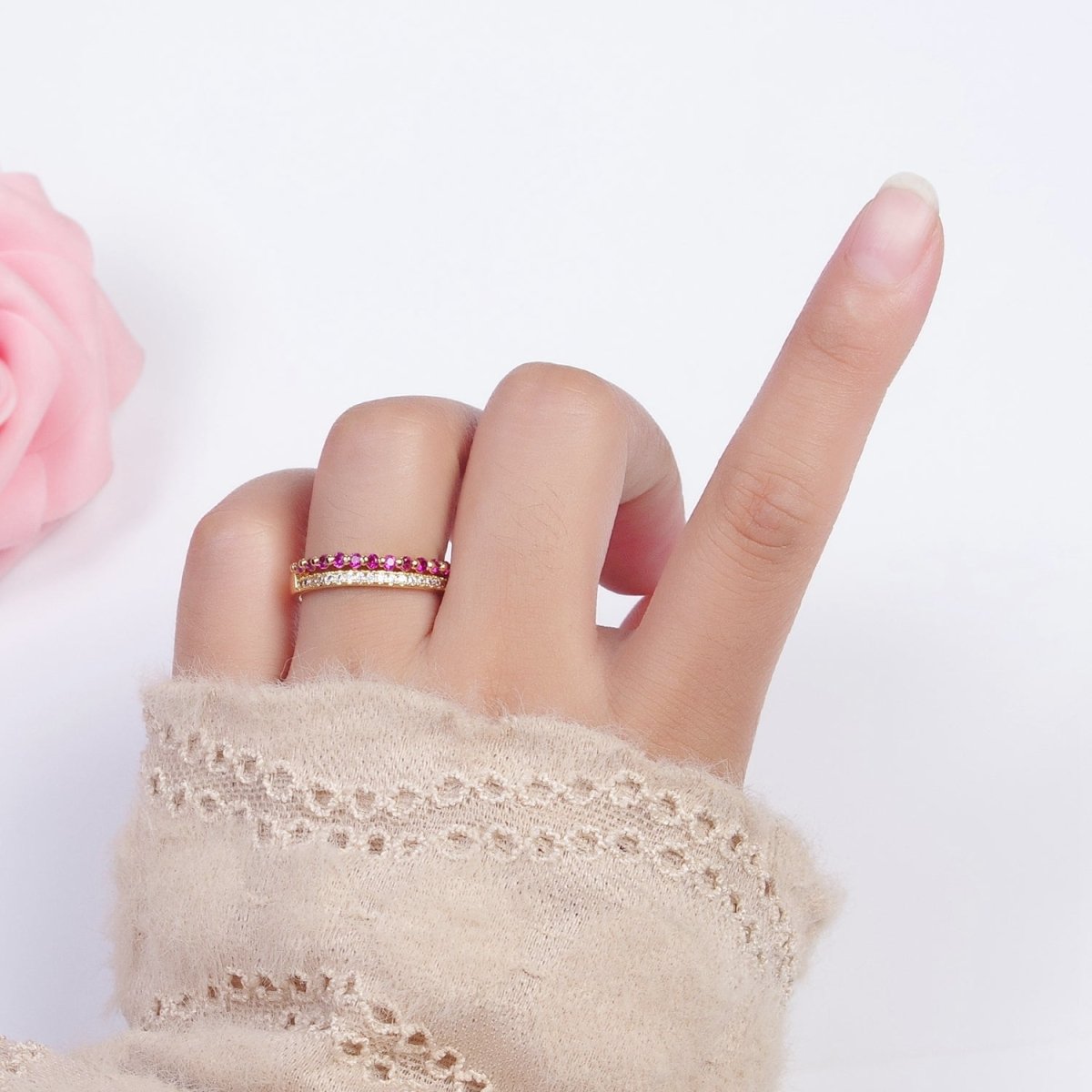 Micro Paved Fuchsia & Green Cubic Zirconia Minimalist Adjustable Gold Ring | X-588 - DLUXCA