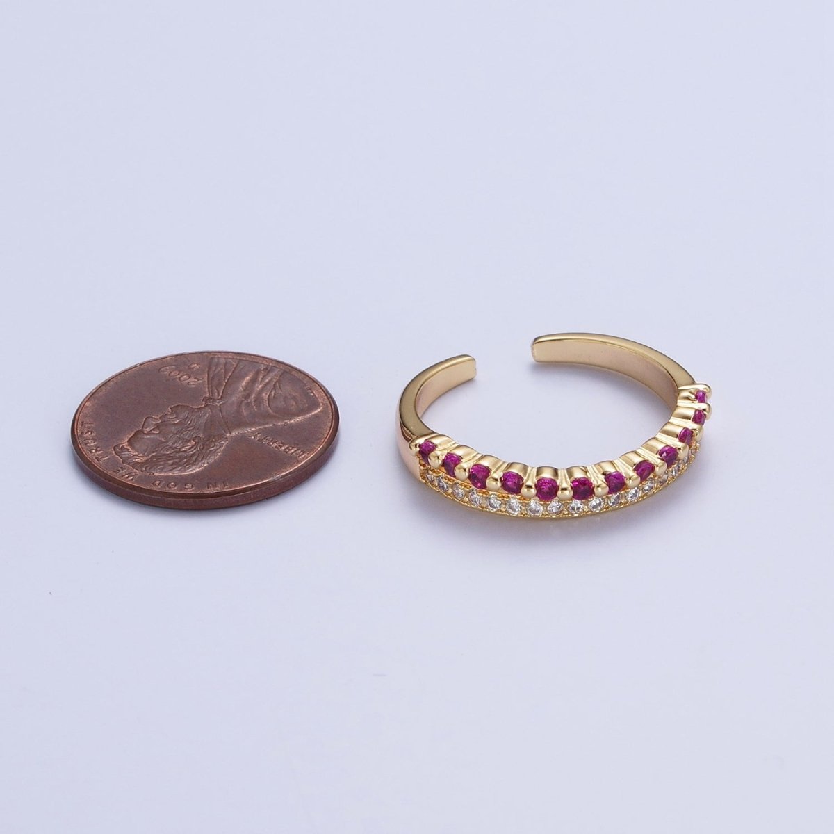 Micro Paved Fuchsia & Green Cubic Zirconia Minimalist Adjustable Gold Ring | X-588 - DLUXCA