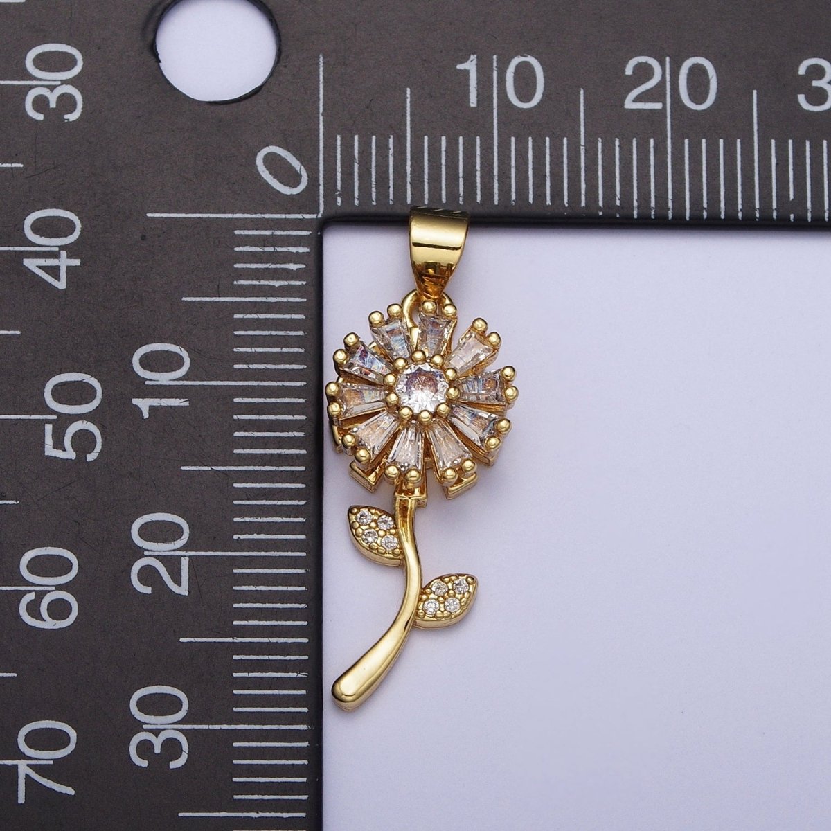 Micro Paved Gold Flower Nature Pendant with Round Baguette Clear Cubic Zirconia | X-476 - DLUXCA