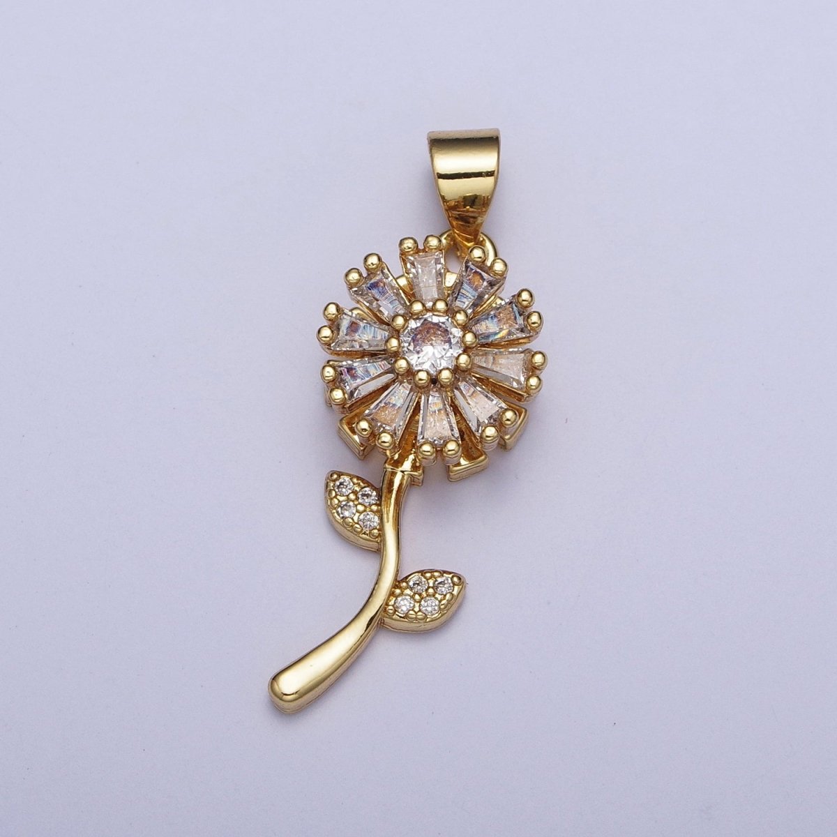 Micro Paved Gold Flower Nature Pendant with Round Baguette Clear Cubic Zirconia | X-476 - DLUXCA