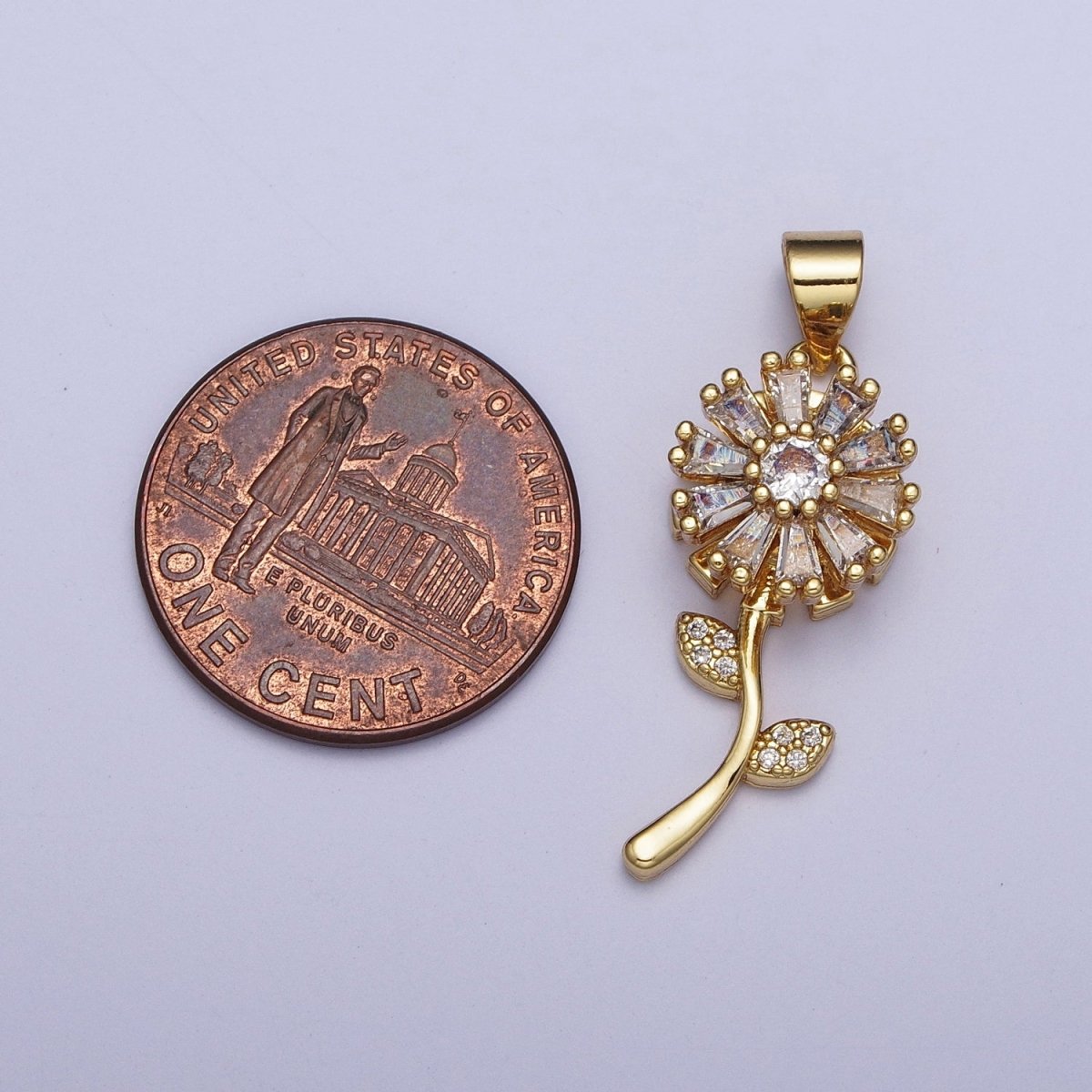 Micro Paved Gold Flower Nature Pendant with Round Baguette Clear Cubic Zirconia | X-476 - DLUXCA