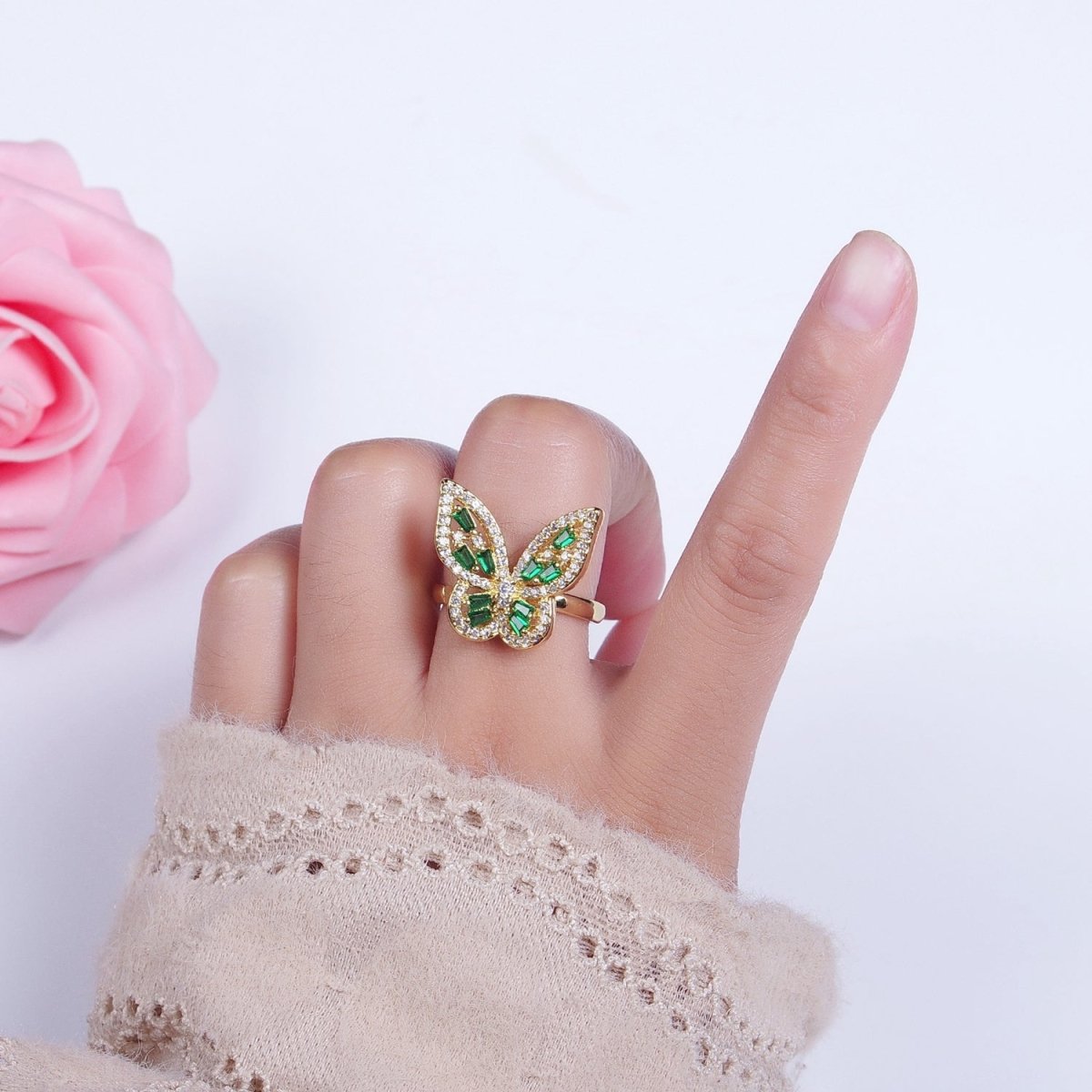 Micro Paved Gold Green Baguette Mariposa Butterfly Adjustable Ring | Y-361 - DLUXCA