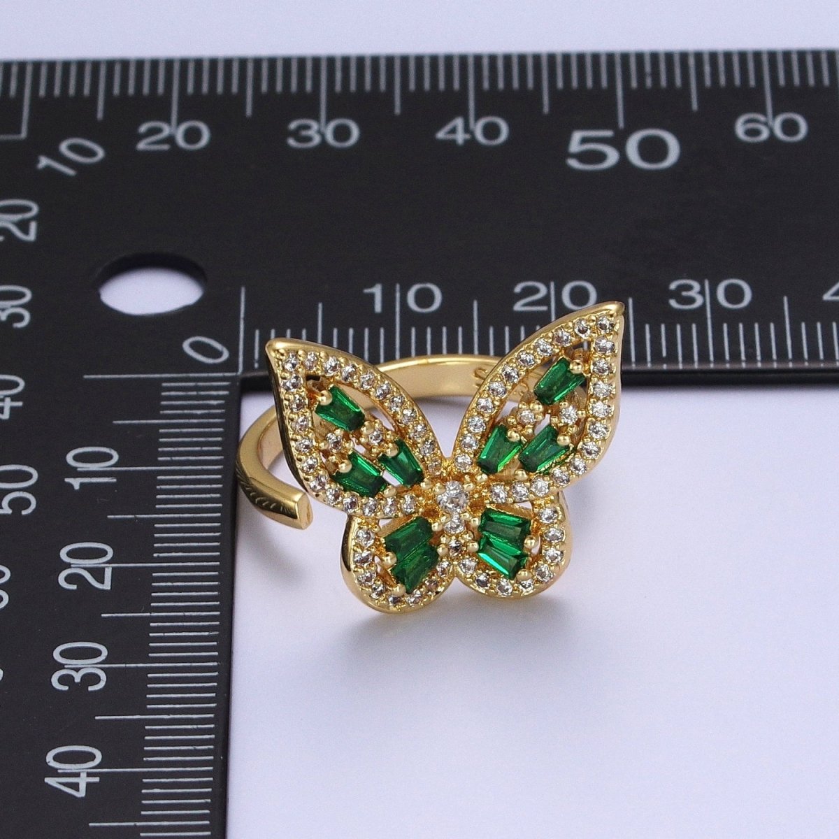 Micro Paved Gold Green Baguette Mariposa Butterfly Adjustable Ring | Y-361 - DLUXCA