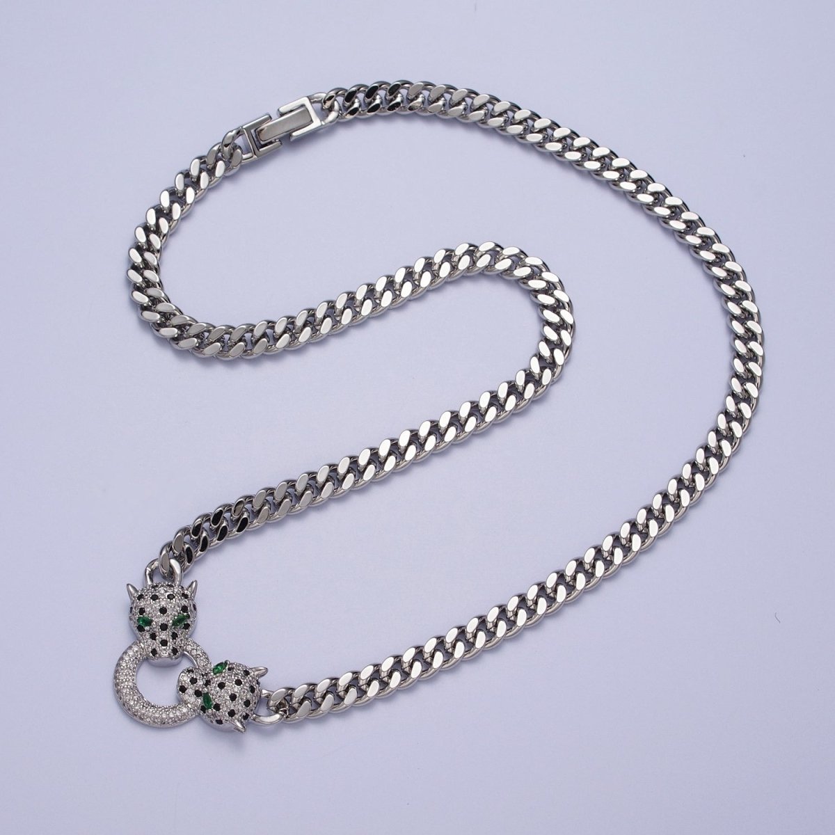 Micro Paved Green Eyed Jaguar Panther 18 Inch Curb Chain Necklace in Gold & Silver | WA-1361 WA-1362 Clearance Pricing - DLUXCA
