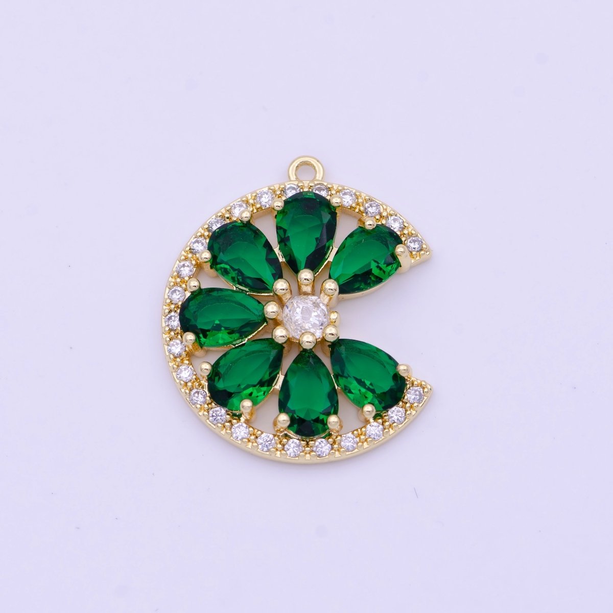 Micro Paved Green Teardrop Cubic Zirconia Crescent Moon Flower Charm D-569 - DLUXCA