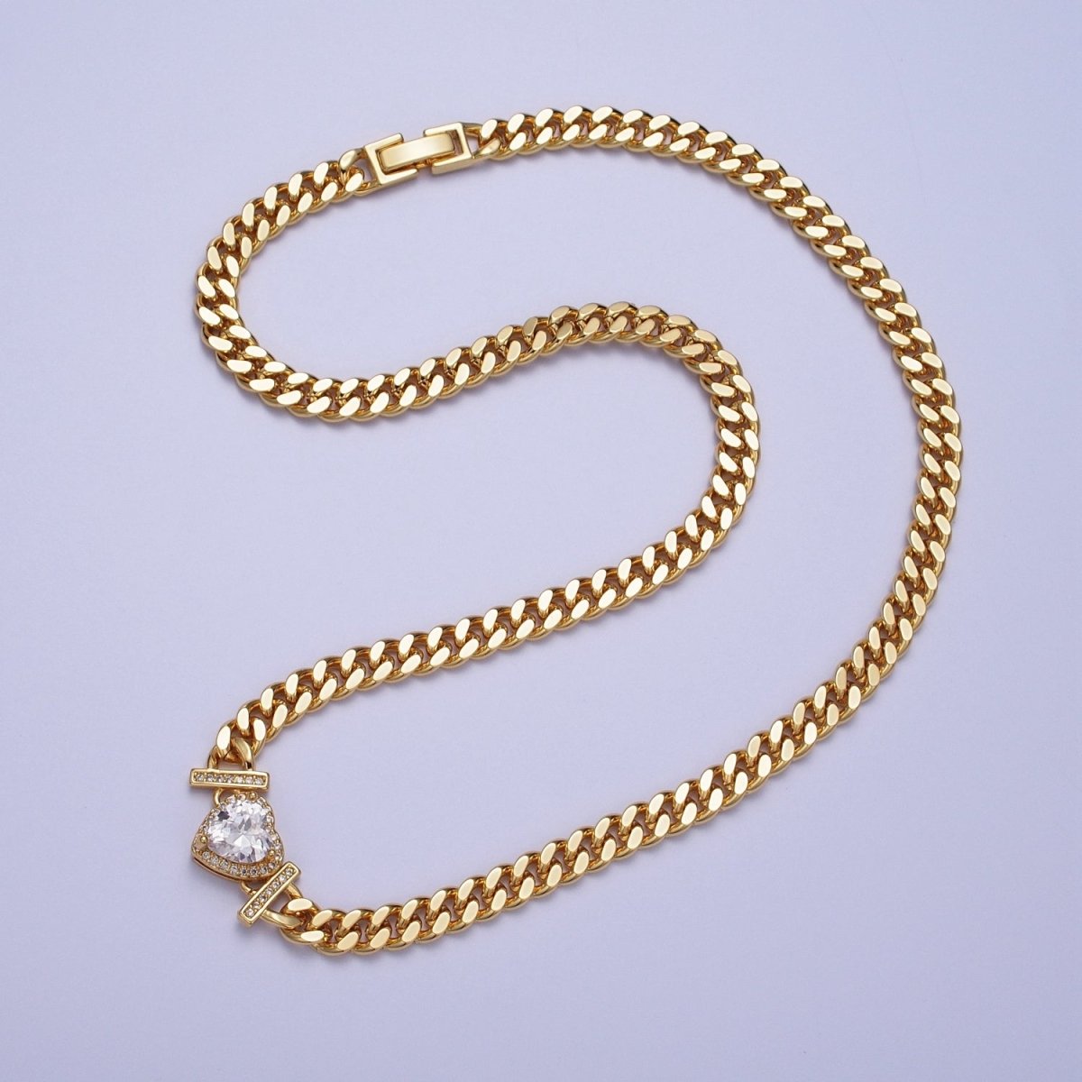 Micro Paved Heart Cubic Zirconia Stones Gold Cuban Curb Chain Necklace | WA-1091 - WA-1097 Clearance Pricing - DLUXCA